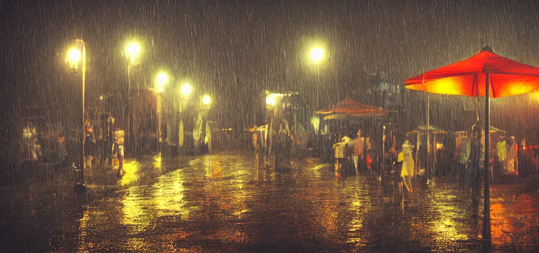 Image similar to Look of Small outdoor carnival, rain, night, noire tents, digital art, 8k, moody details