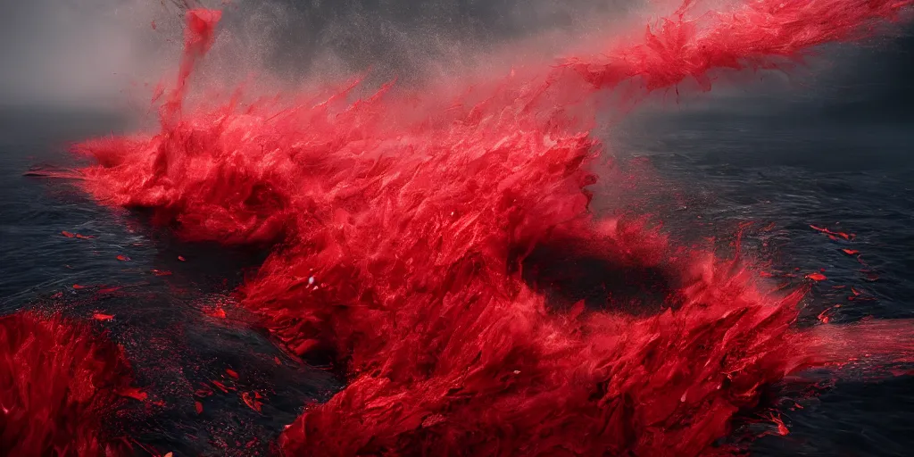 Image similar to a churning, boiling red sea with lots of smoky black and red steam, fantasy digital art, octane render, beautiful composition, trending on artstation, award-winning photograph, masterpiece