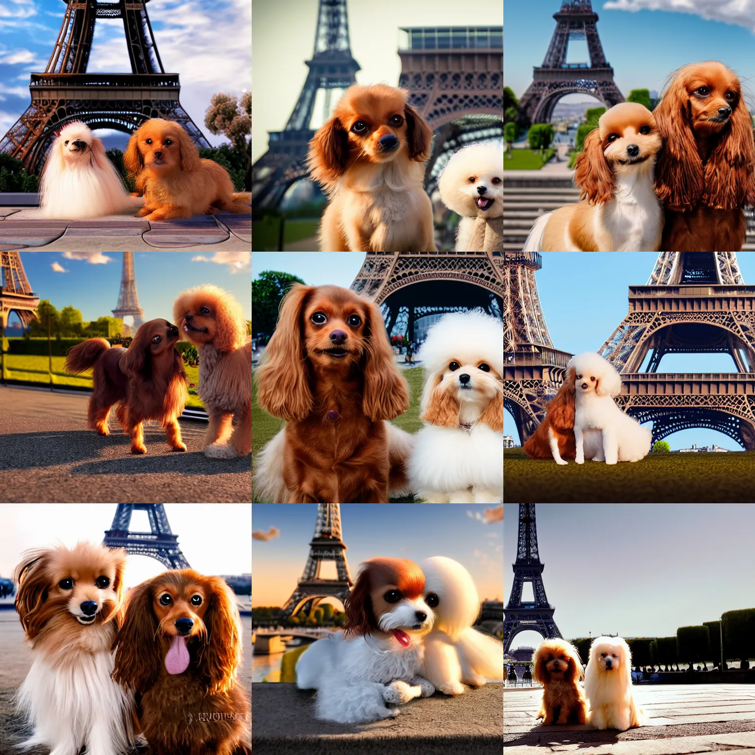 Prompt: a photorealistic closeup image of a cute brown colored long haired chihuahua cocker spaniel dog with a happy white bichon frise dog in paris in front of the eiffel tower. brightly lit. extreme detail. 4 k hd unreal engine