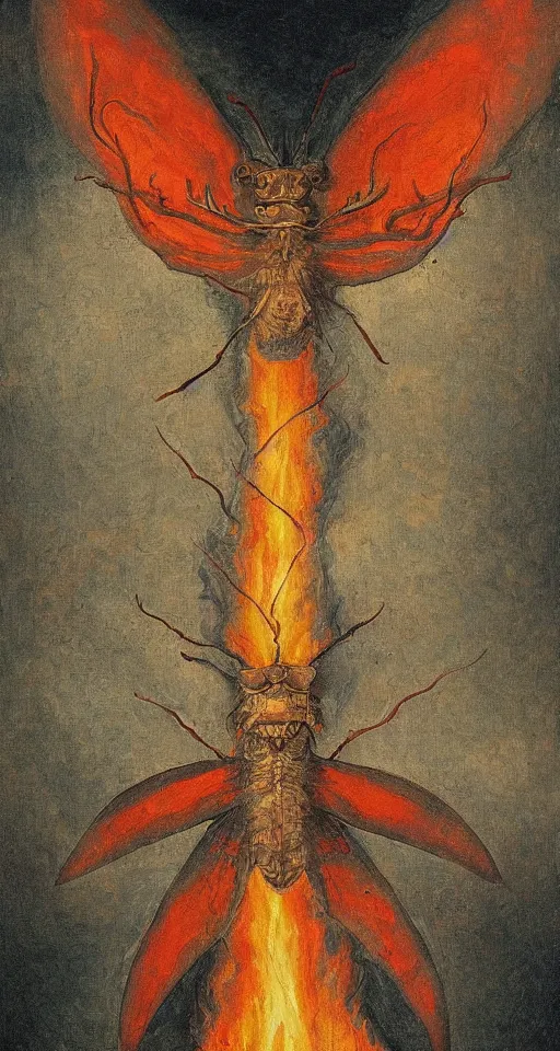 Image similar to bosch painting of a giant moth god of fire, apocalyptic