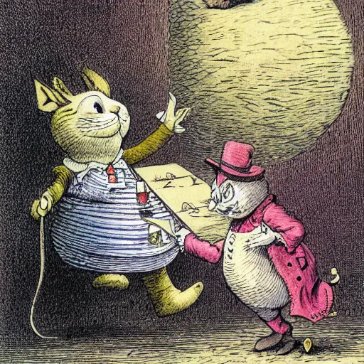 Prompt: cheshire cat knocking humpty dumpty off wall, by john tenniel