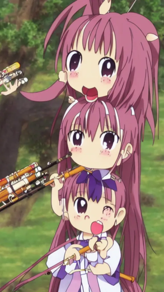 Image similar to Renge Miyauchi from non non biyori, chibi anime, excited expression, playing a recorder