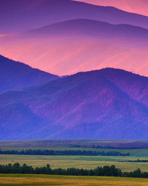 Prompt: purple mountain valley horizon, sony fe 6 0 0 mm f 4. 0 gm oss, dawn