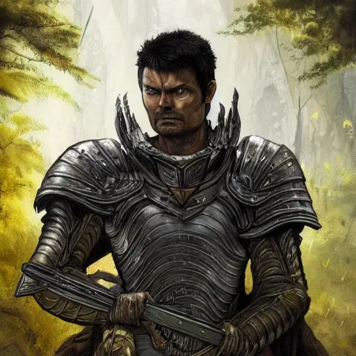 Prompt: A fantasy comic book style portrait painting by Junji Ito and Greg rutkowski of Karl Urban as a Paladin in a stunning ruin setting surrounded by yellow spring forest, unreal 5, DAZ, hyperrealistic, octane render, dungeons and dragons, dynamic lighting