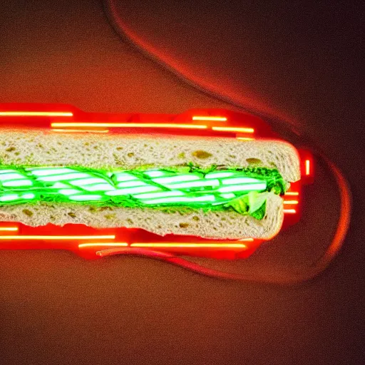 Prompt: an extremely high quality photo of a surreal radioactive surreal neon_lightsaber_sandwich, a hybrid lightsaber-sandwich filled with lightsaber_neons and sandwichlightsaberneontubes, neontubesauce drizzled, drooping lightsaber_lettuce, glowing_sandwich filled with lights, promotional photo, 4k food photography