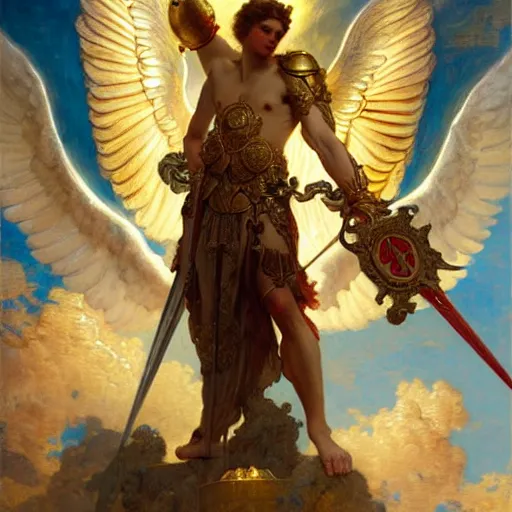 Image similar to saint michael the angel, guarding the world from evil. highly detailed painting by gaston bussiere, greg rutkowski, j c leyendecker 8 k