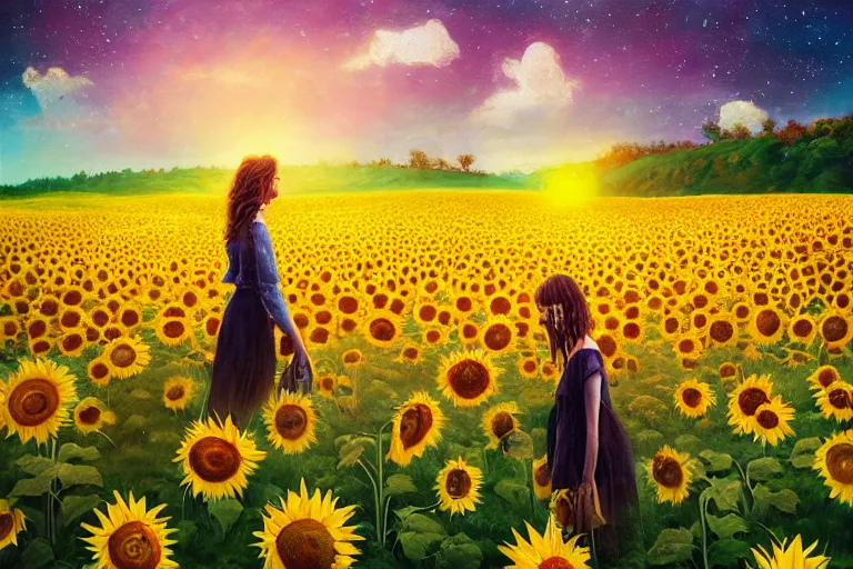 Image similar to giant sunflower as a head, girl walking in daisy field, hills, surreal photography, dark night, star trails, dramatic light, impressionist painting, clouds, digital painting, artstation, simon stalenhag