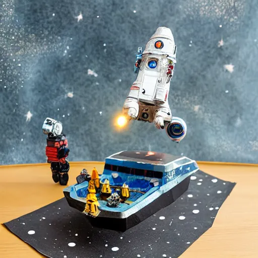 Prompt: a space admiral towing asteroid, with spaceship, space backdrop, everything made of papier - mache canon 5 d 5 0 mm lens, diorama, newspaper,