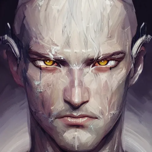 Prompt: portrait of knight, white eyes, white mid hair, scar on face, handsome, elegant, intricate, headshot, highly detailed, digital painting, artstation, concept art, sharp focus, illustration, art by artgerm and greg rutkowski and alphonse mucha