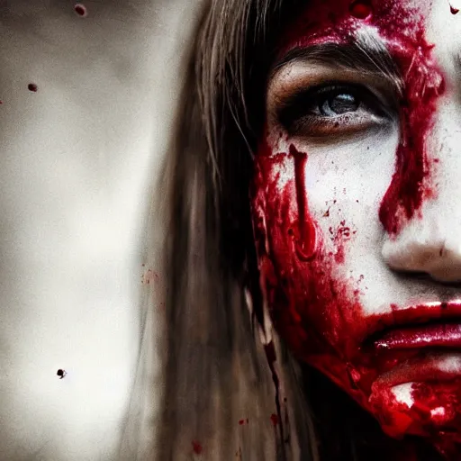 Prompt: portrait of a stunning female warrior with blood on her face, closeup, devianart