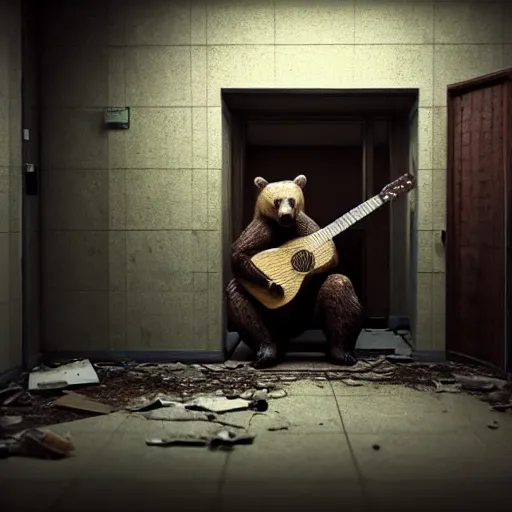 Prompt: realistic bear playing (wooden triangle + guitar neck + sound hole )in an abandoned and desecrated hallway in a cyberpunk lab, ultra realistic, concept art, intricate details, eerie, highly detailed, photorealistic, octane render, 8k, unreal engine, art by Vita Wen