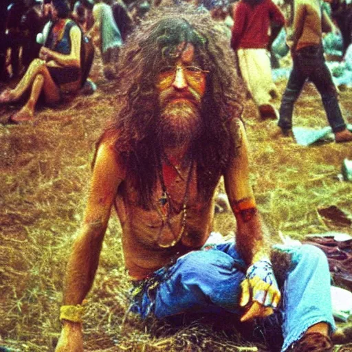 Image similar to an oil painting of a hippy at woodstock 1969, natural colours, character photography, Exquisite detail, post-processing, masterpiece