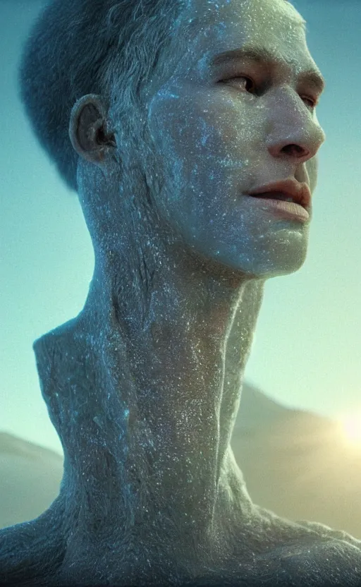 Image similar to extremely detailed cinematic movie still 3 0 7 7 portrait shot of a god of rainbow 2 5 years old white man hyperreal skin face at the mountain top by denis villeneuve, wayne barlowe, simon birch, marc simonetti, philippe druillet, beeple, bright volumetric sunlight from remote star, rich moody colors, closeup, bokeh