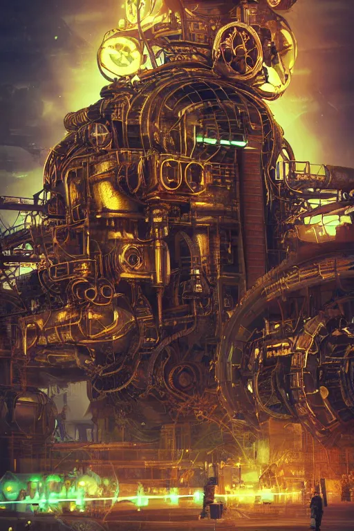 Image similar to a movie poster, write the text tripmachine, photo of a huge futuristic steampunk generator inside a steampunk machinery, 8 k, fluorescent colors, halluzinogenic, multicolored, exaggerated detailed, 3 d render, octane
