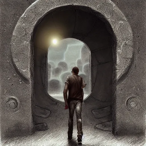 Image similar to a man walking into the portal, concept art, illustration, highly detailed, artwork, cinematic, hyper realistic, art station