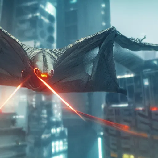 Prompt: a closeup portrait of a pterodactyl shooting lasers from is eyes flying over a destroyed city cyberpunk, fantasy, 4 k, octane render