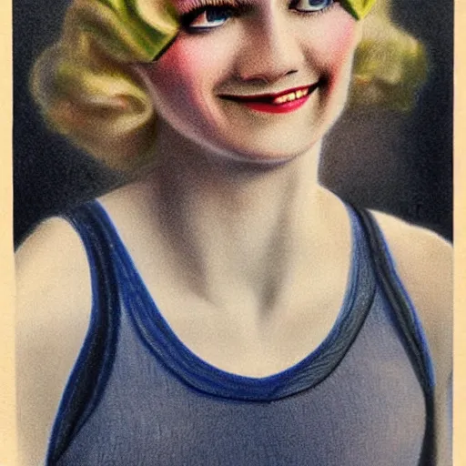 Image similar to a 1 9 2 0 s ultra - realistic color portrait. happy, healthy, beautiful, smiling, young, sporty, blonde, blue - eyed symmetric woman in decent athletic wear. hyper - realistic detailed drawing