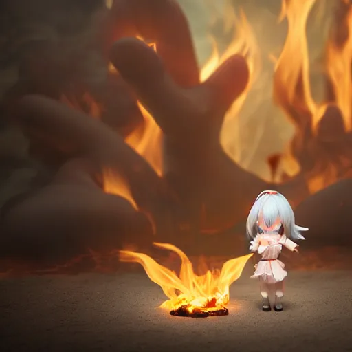 Prompt: cute fumo plush of a girl with the fire of the world in her hands, caustics, vray