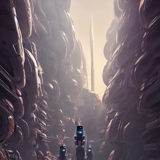 Image similar to futuristic colony on mars with alien and robot pedestrians walking in between giant buildings in the style of petros afshar, cg society, trending on artstation,