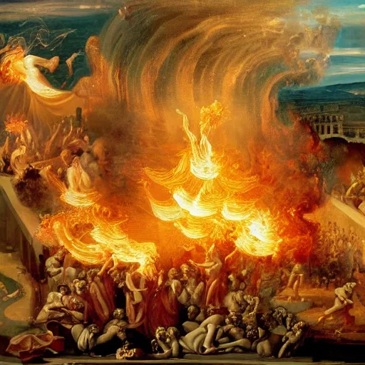 Image similar to baroque painting of burning athens with fire tornadoes
