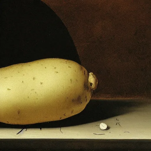 Prompt: vanitas painting of a solitaire potato contemplating it's life thus far, oil on cavnas by Pieter Claesz