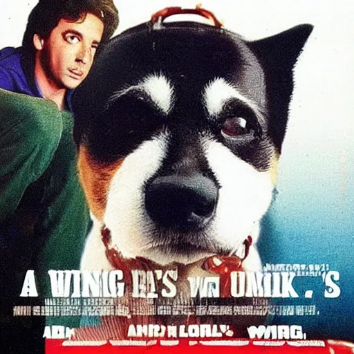 Image similar to a 8 0's movie poster about a guy and his dog. they are pilots it's called wing and a paw