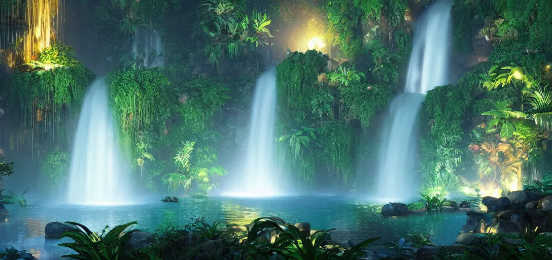 Prompt: beautiful view of a nighttime jungle waterfall, caustics, symmetrical, unreal engine, dramatic lighting, ultra detailed, sharp, ambient occlusion, slight bloom, illumination, raytracing, vibrant, vivid colors, picturesque, by noah bradley and jordan grimmer
