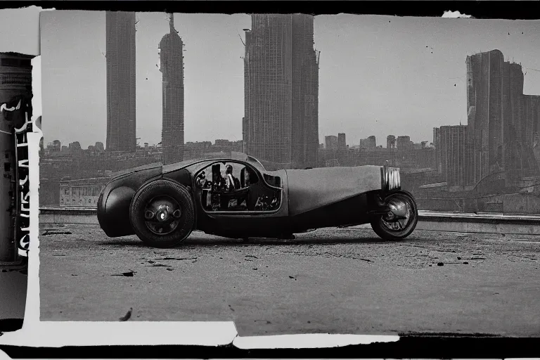 Image similar to cyberpunk 1 9 2 6 bugatti type 3 5 by paul lehr, metropolis, view over city, vintage film photo, damaged photo, scratched photo, scanned in, old photobook, silent movie, black and white photo