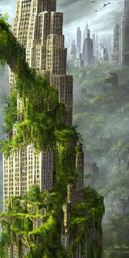 Prompt: an epic view of vines and moss growing on the empire state building, moss, jungle, with pterosaurs flying, close - up, low angle, wide angle, atmospheric, cinematic, very realistic, highly detailed digital art, painted by tyler edlin