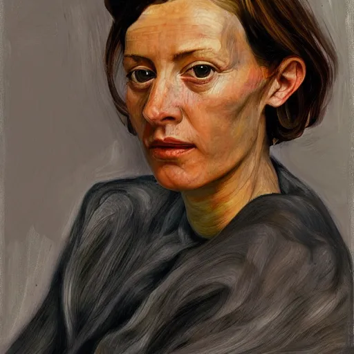 Image similar to high quality high detail painting by lucian freud, hd, short hair woman portrait, photorealistic lighting