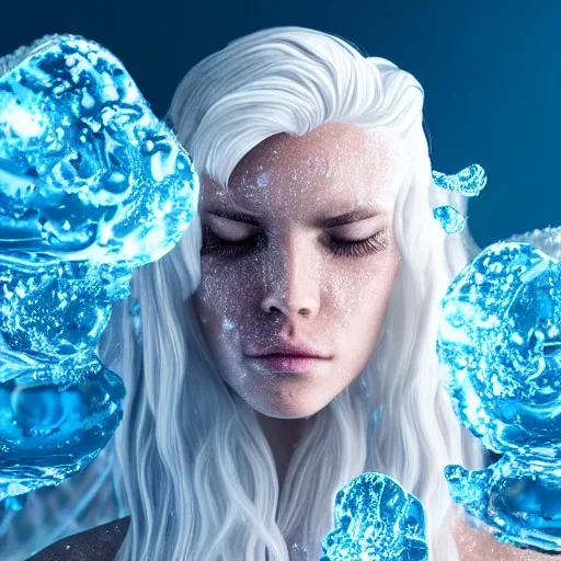 Prompt: futuristic female soldier eyes closed partly submerged in rippling viscous clear fluid, white eyelashes, oil sleek surface, frost roses, ice needles, cold blue light, complex hyperdetailed technical suit. white hair flowing, frosty breath, ultra realistic, wide angle.