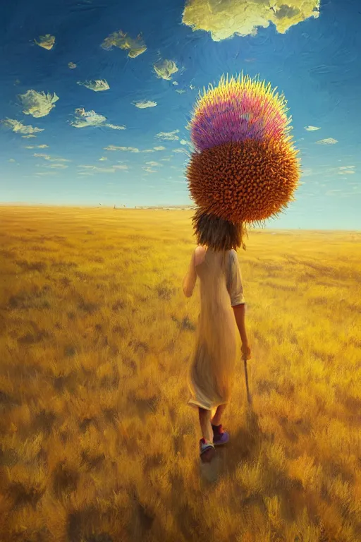 Image similar to giant corn flower head, girl walking in the desert, surreal photography, sunrise, dramatic light, impressionist painting, colorful clouds, digital painting, artstation, simon stalenhag