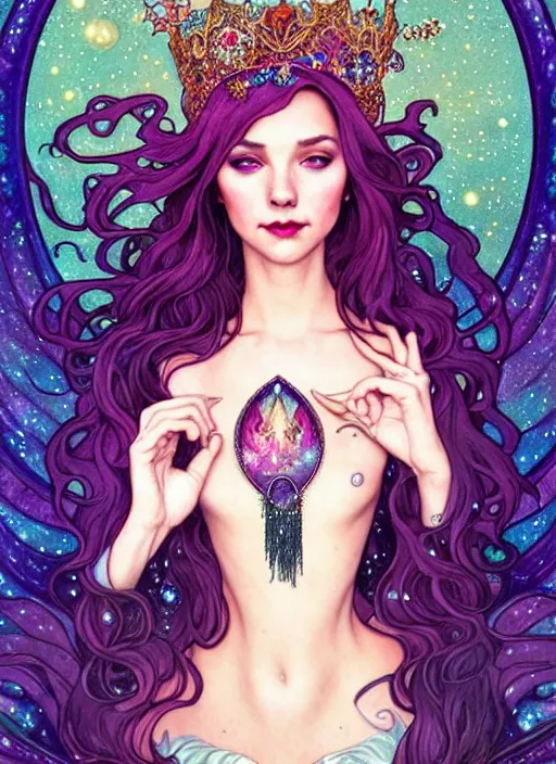 Image similar to fantastic portrait of a beautiftul witch with some shinny star, crown, royally decorated crystal gemstones, symmetrical face, art nouveau, portrait, cute, fairy, by artgerm, kelly mckernan, charlie bowater, alphonse mucha, detailed background, artstation, intricate, elegant, highly detailed, colorful, maximalist