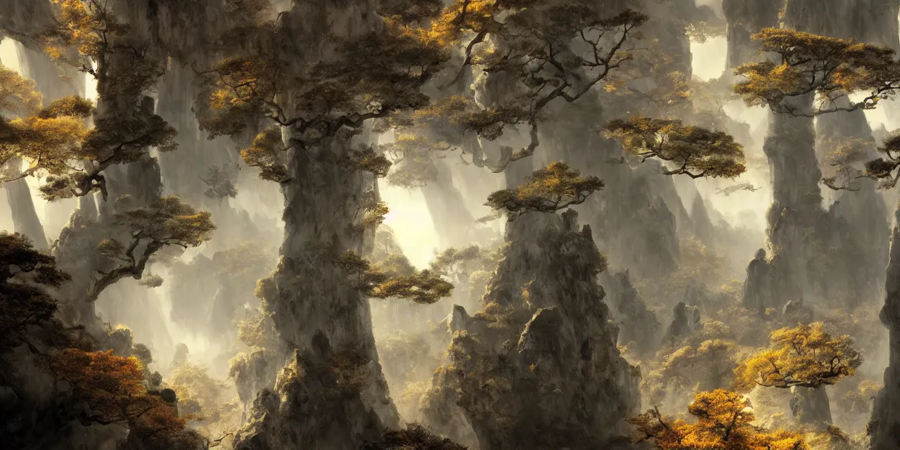 Prompt: huangshan in zero gravity, withered trees, karst pillars forest, taoism, ancestral temples, human presence. artwork by ansel adams and odd nerdrum, artstation, scifi, hd, wide angle, viewed from within a stone grotto, autumnal, sunset