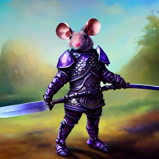 Prompt: armored mouse warrior holding a sword reaches for a purple crystal, trending on Artstation, Oil Painting, 8k, UHD