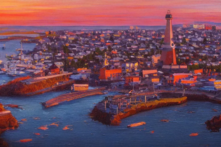 Prompt: beautiful landscape oil painting of portland maine, intricate, hyperrealistic, Close-up, low angle, ultra fine detail, ultra high resolution, fine texture detail, cinematic, 8k, photorealistic, epic, trending on artstation