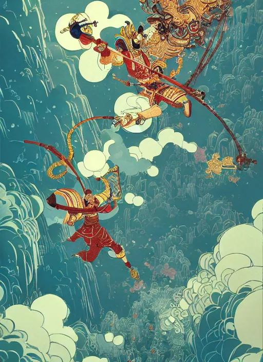 Prompt: sun wukong makes a havoc in the heavenly palace by victo ngai