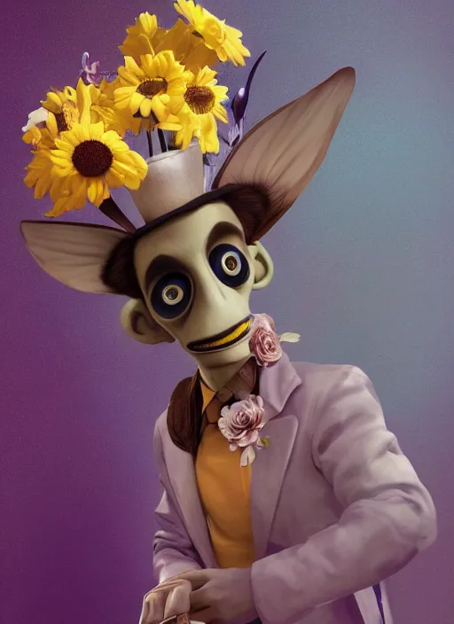 Image similar to an anthropomorphic beautiful male scientist portrait holding a flowers wearing colourful robe, fine art, award winning, intricate, elegant, sharp focus, octane render, hyperrealistic, wizard hat cinematic lighting, highly detailed, digital painting, 8 k concept art, art by jamie hewlett and z. w. gu, masterpiece, trending on artstation, 8 k