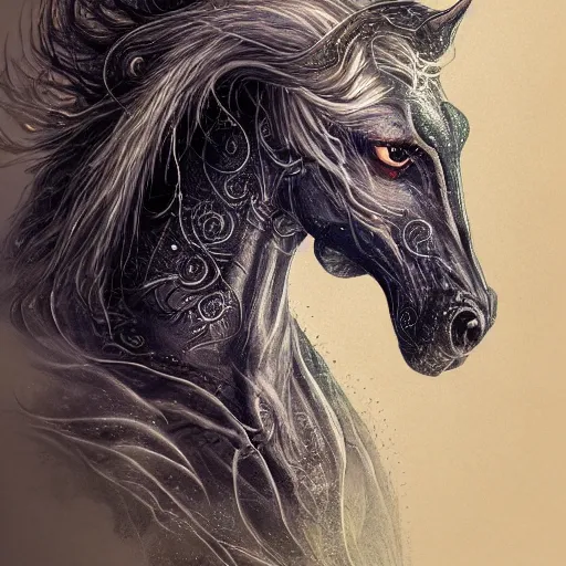 Image similar to a wlop 3 d render of very very very very highly detailed beautiful mystic portrait of a phantom undead horse with whirling galaxy around, tattoos by anton pieck, intricate, extremely detailed, digital painting, artstation, concept art, smooth, sharp focus, illustration, intimidating lighting, incredible art,