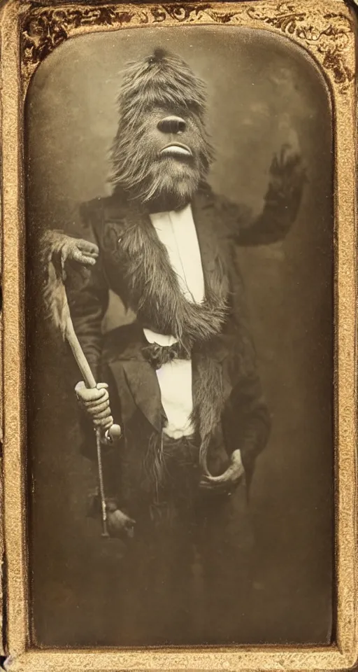 Prompt: a vintage wet plate portrait of a dignified bigfoot with a top hat and cane, extremely detailed