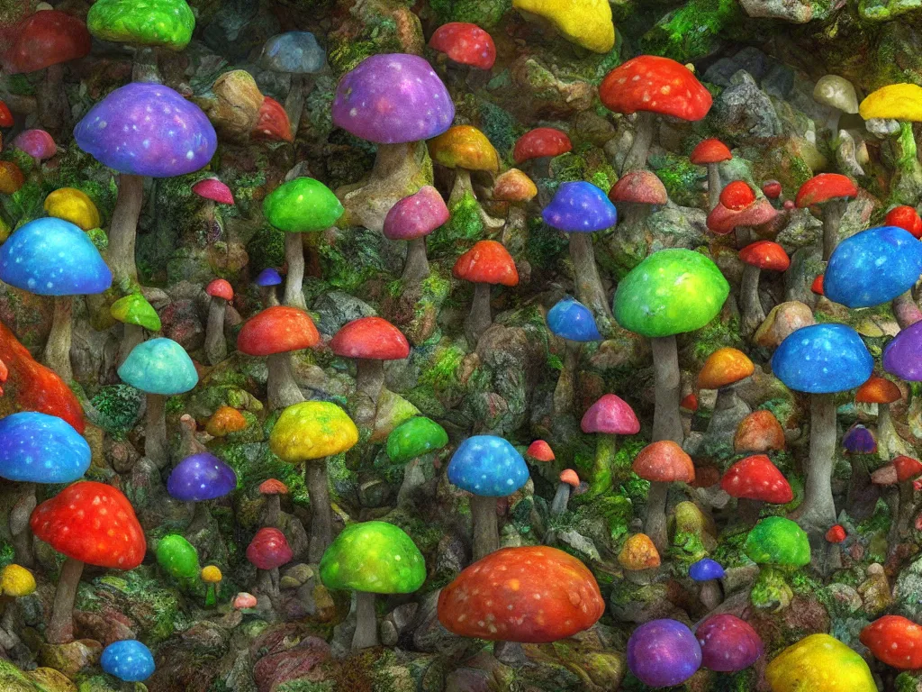 Image similar to vivid colored mushrooms overgrown on an asteroid in deep space, cryengine, deep color, hyperrealistic, ultradetailed, atmospheric crystal dust