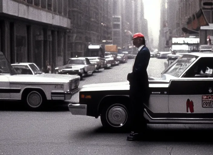 Prompt: screenshot wide shot from moody scene of Donald Trump pensive in New York streets from the film Taxi Driver 1976 directed by Martin Scorcese, kodak film stock, anamorphic lens, 4K, detailed, stunning cinematography and composition, 70mm