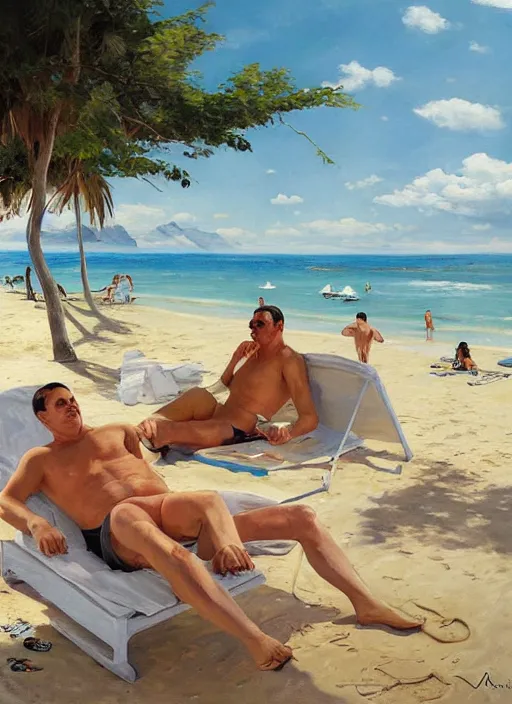 Image similar to adolf hitler sunbathing at a argentinian beach by vladimir volegov and alexander averin and peder mørk mønsted and ross tran and raphael lacoste