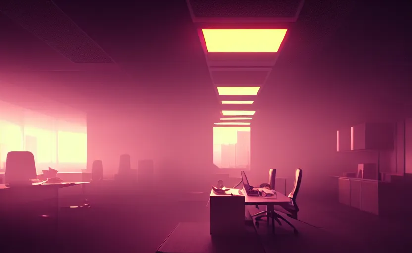 Image similar to office, horror scene, fluorescent lighting, beautiful volumetric-lighting-style atmosphere, futuristic atmosphere, intricate, detailed, photorealistic imagery, artstation