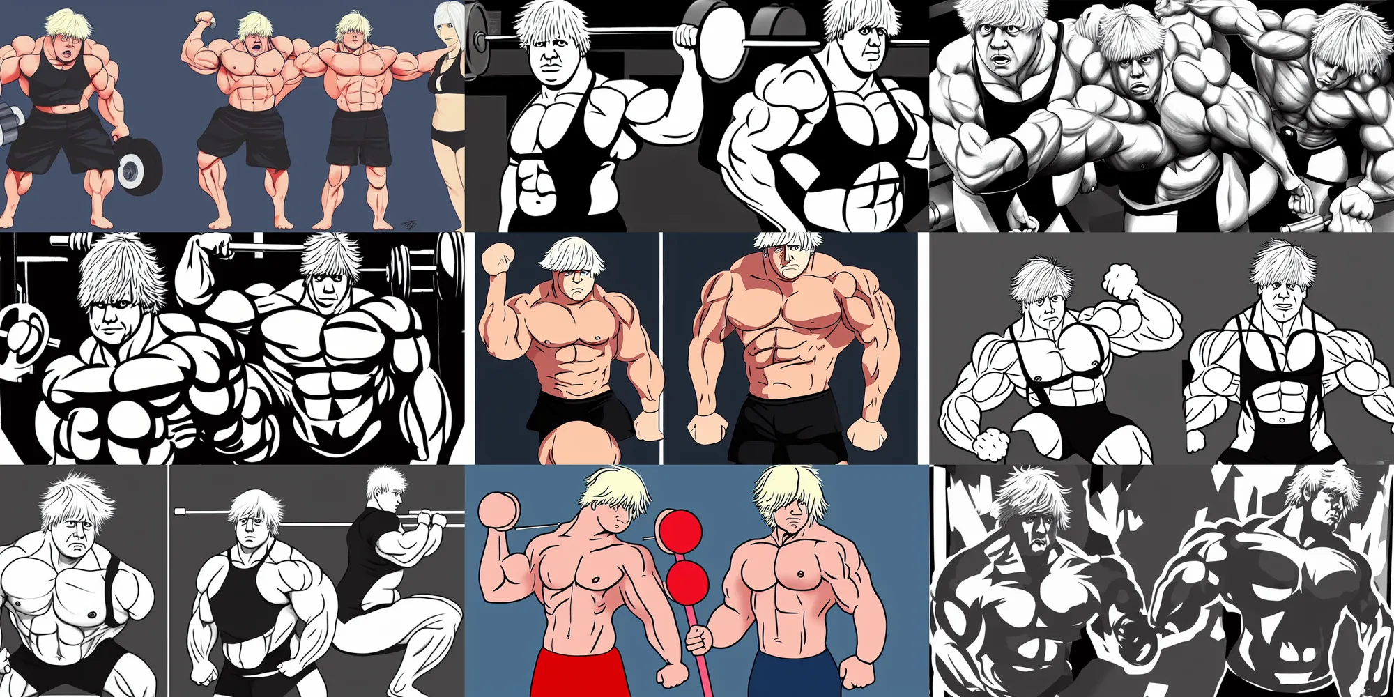 Prompt: a very strong boris johnson in the gym, big muscles, anime, illustration