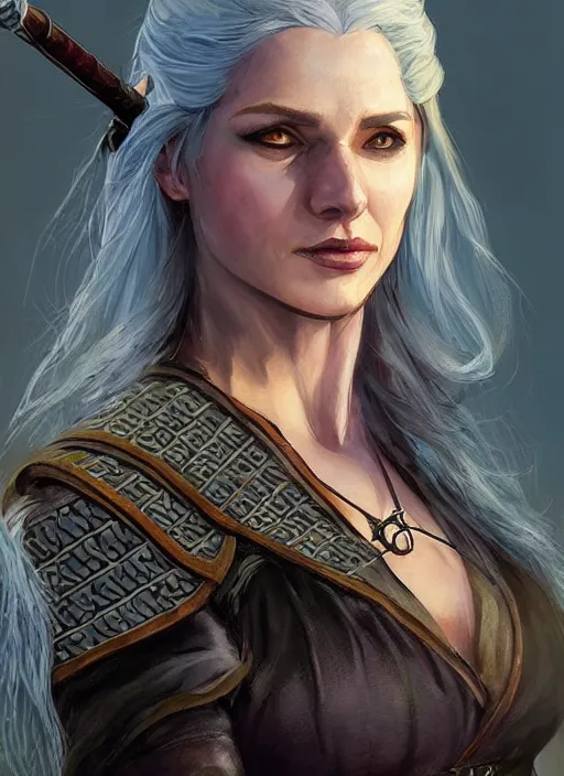 Image similar to female witcher, ultra detailed fantasy, dndbeyond, bright, colourful, realistic, dnd character portrait, full body, pathfinder, pinterest, art by ralph horsley, dnd, rpg, lotr game design fanart by concept art, behance hd, artstation, deviantart, hdr render in unreal engine 5