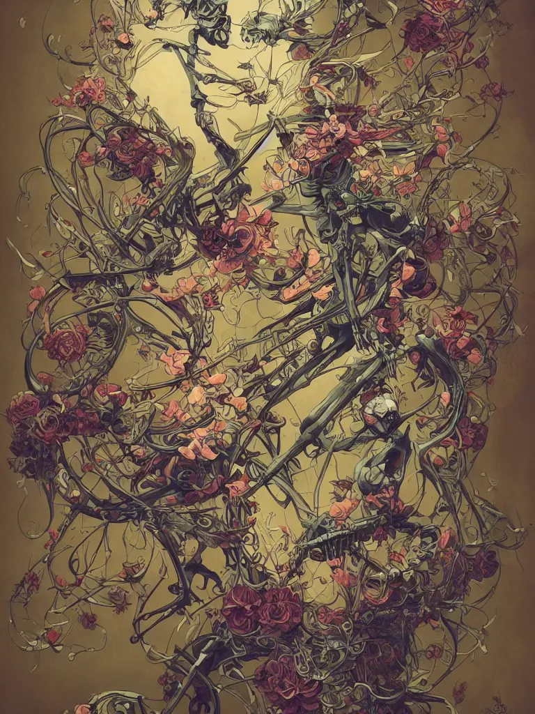 Prompt: a skeleton covered in flowers in a dynamic pose, art nouveau, james jean, peter mohrbacher, highly detailed, vivid lighting,