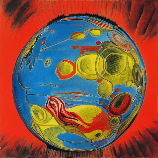 Image similar to a highly detailed painting of the world globe in flames, inspired by dali, matisse, klee, bosch, david hockney, trending on artstation, 4 k