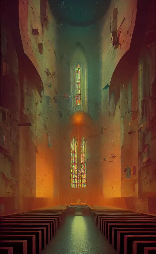 Image similar to Interior shot of a church by Petros Afshar and Beeple, James Gilleard, Mark Ryden, Wolfgang Lettl highly detailed