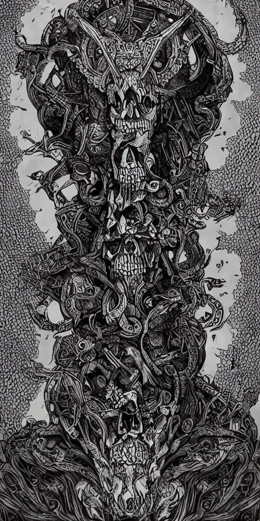 Image similar to A totem with a skull and an wolf, lovecraft, ink on paper, coherent, symmetrical, intricate, high detail, digital painting, octane render, 4k, trending on artstation